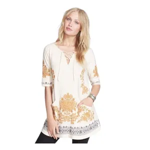 Free People Talia White Floral Embroidered Lace Up Cut Out‎ Back Tunic Top XS thumbnail 2
