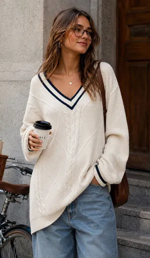 Hollister Preppy V-Neck Cream White Cable Knit Sweater‎ Medium Oversized Tennis thumbnail 1