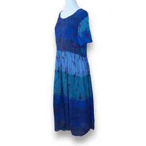 Vintage 90s Ombre Blue Dark Floral Crinkle Dress Short Sleeve Maxi‎ Festival thumbnail 7