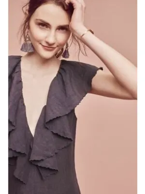 MARIA STANLEY Gray Linen Blend Cascada Cropped Ruffle Jumpsuit Size XS NWOT thumbnail 2
