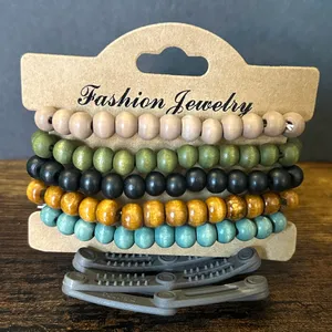 Wood Bead Bracelet Set – Earthy Boho Colors thumbnail 2
