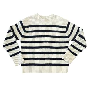 H&M Striped Rib Knit Sweater Coastal Cream Navy Blue Crewneck Small thumbnail 2