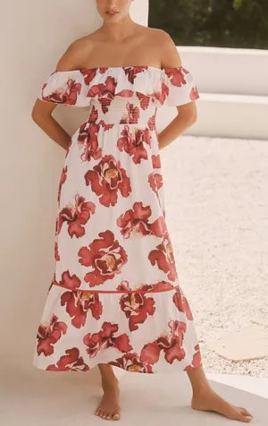 Anthropologie Ro's Garden Chelsea Smocked Midi Dress Cotton Off Shoulder‎ Large thumbnail 1