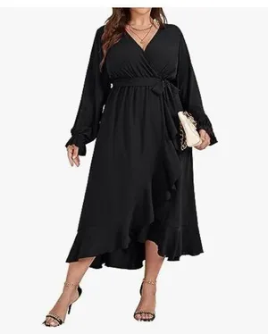 NEW Long Sleeve Wrap V Neck Split Ruffle Cocktail Dress 2X NO BELT thumbnail 3