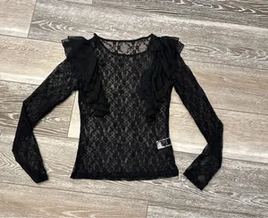 NWT SHEIN Sz S Sheer Black Lace Top w Ruffle Accents Cute! thumbnail 2