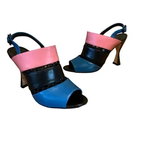Manolo Blahnik "Aspendum" Black, Blue & Pink Leather W/Mesh Heels (36.5) thumbnail 5