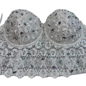 White Lace Bustier Crop Top Womens M Beaded Rhinestone Corset Cami Y2K Bridal thumbnail 16