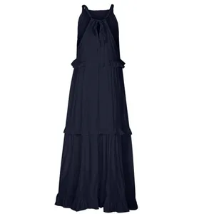 Navy Blue Maxi Halter Dress Boho Tie Back Pockets Size M thumbnail 8