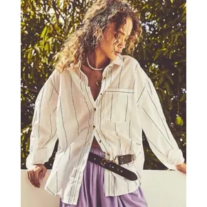 Free People Oversized Happy Hour Stripe Button Down Top White Black Small Preppy thumbnail 13