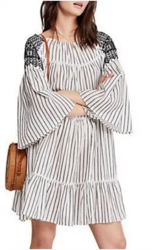 Free People Women's Boho Mini Lola Striped Dress White Black Tiered Embroidered‎ thumbnail 1