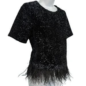 Ann Taylor Black Sequin Short Sleeve Feather Trim Round Neck Shirt Top Size XS thumbnail 9