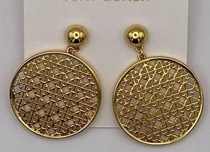 Tory Burch perforated drop earrings, gold plated. New thumbnail 1