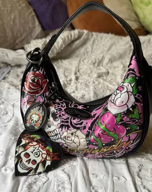 Ed Hardy Black & Pink Skull Rose Hobo Bag thumbnail 1