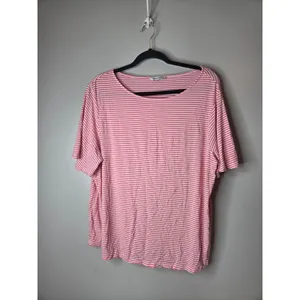 Tommy Bahama Women’s Medium Pink White Stripe Short Sleeve Flowy Shirt thumbnail 2