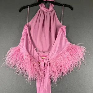 Ramy Brook Faux Feather Trim Halter Top Womens L Pink Fiyero Party Blouse NWT thumbnail 9