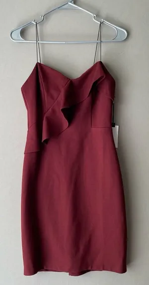 ASTR The Label Ruffle Spaghetti Strap Cocktail Mini Dress M‎ Burgundy thumbnail 1