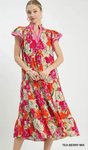 Umgee Mix Bold Floral Tiered Midi Dress‎ - Medium thumbnail 1