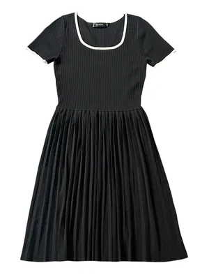 ZESICA Womens Black Ribbed Knit Pleated Midi Dress Short Sleeve Scoop Neck Small thumbnail 1