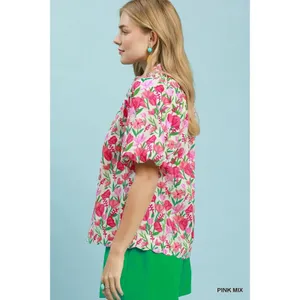 Umgee Floral Puff Sleeve Blouse with Scalloped Details - Medium‎ thumbnail 2