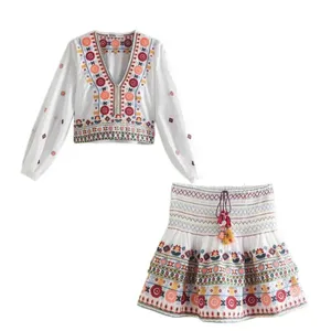 Zara Embroidered Set embellished beaded skirt top boho colorful long sleeve crop thumbnail 11