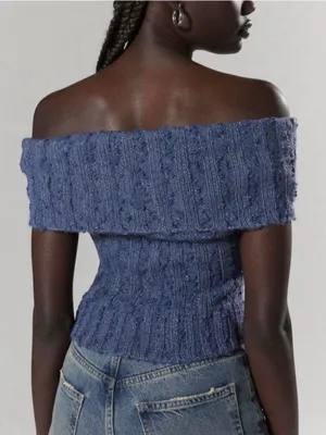Urban Outfitters Blue Off-The-Shoulder Knit Sweater Top thumbnail 2