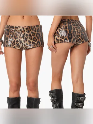 Edikted Sequin Leopard Print Micro Shorts Brown Black Womens Small Stretch NEW thumbnail 2
