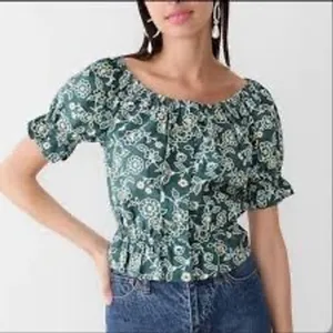 J.Crew Floral Puff Sleeve Smocked Peplum Top Green‎ Cotton Blouse Medium thumbnail 1