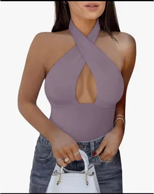 REORIA Butsmooth®Trendy Sexy Criss Cross Halter Neck Sleeveless Thong Bodysuits thumbnail 1