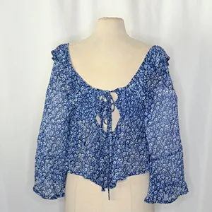 Anthropologie MAEVE Square Neck Sheer Babydoll Top Blue White Floral Large‎ thumbnail 10
