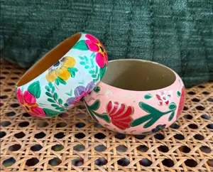 Set of Two Hand Painted Floral Wooden Boho Hippie Cottage Bangle Bracelets thumbnail 1