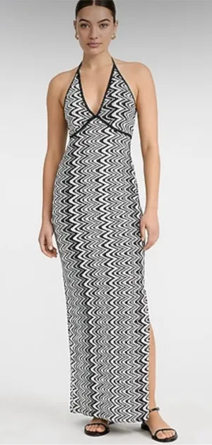 Express Black and White Zigzag Halter Maxi Dress L thumbnail 1