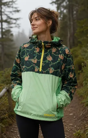 Sprints Sloth Print Windbreaker Jacket Green Half Zip Hooded Womens Large thumbnail 1
