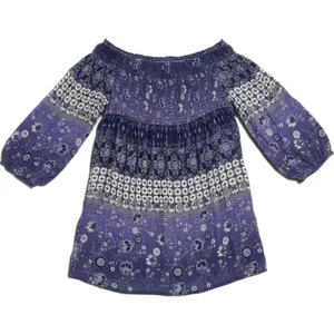 RAGA Top Womens Medium R2773 Blue Purple Smocked Off Shoulder NEW thumbnail 1