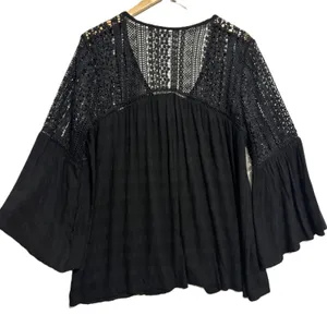 Bell Sleeve Blouse Black Crochet Lace Boho Peasant Festival Date Casual Hippie L thumbnail 3
