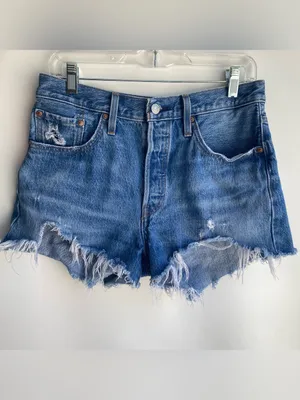 Levi’s 501 original cutoff denim shorts button fly medium blue wash raw hem 28 thumbnail 2