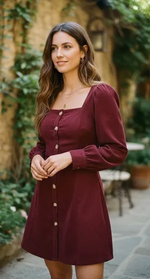 Lulus Burgundy Corduroy Button Front Mini‎ Dress Long Sleeve Square Neck XS NEW thumbnail 1