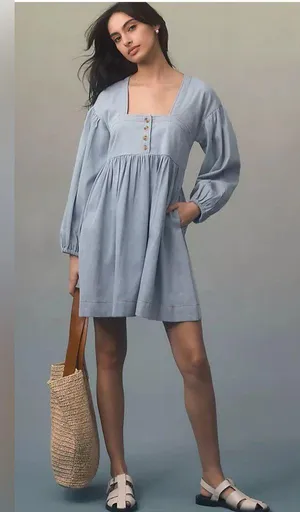 By Anthropologie Long-Sleeve Square-Neck Denim Mini Babydoll Dress Size M NWOT thumbnail 1
