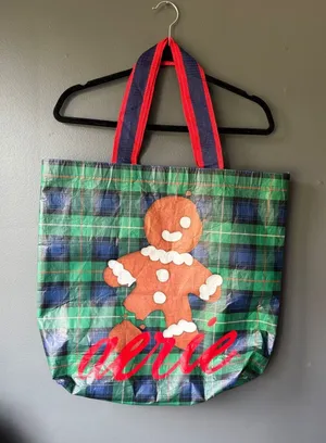Aerie Holiday Gingerbread Tote Bag with Red and Navy Handles thumbnail 1