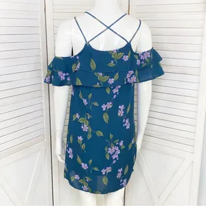 Mi Ami Francesca’s Floral‎ Cold Shoulder Tiered Ruffle Shift Dress Teal XS thumbnail 4