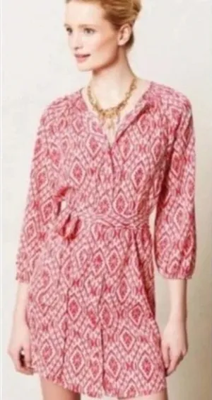 Anthropologie Maeve Ikat Shirt Dress‎ Mini Tie Belt Print Pink White Size XS thumbnail 1