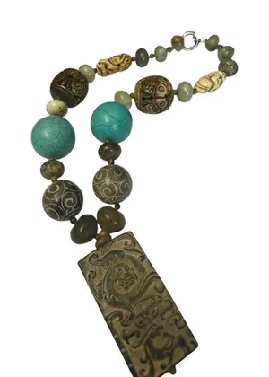 Handcrafted Turquoise and Brown Beaded Necklace beautiful hand carved beads thumbnail 1