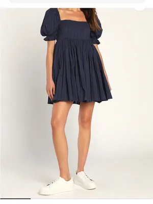 Lulus A Day In Paris Navy Blue Puff Sleeve Babydoll Dress L Cottagecore Cotton thumbnail 5