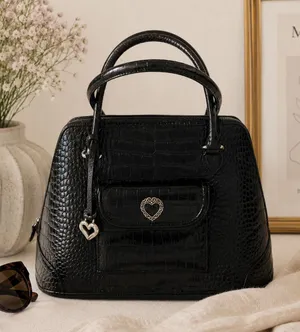 Vintage Black Leather Brighton Croc Heart Charm Large Tote Satchel Handbag thumbnail 1