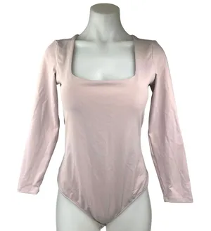 Free People Women's Pink Long Sleeve Square Neck One Piece Thong Bodysuit Top M thumbnail 1