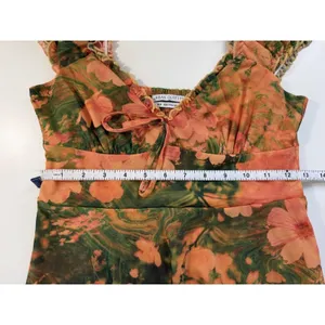 Urban Outfitters‎ Orange Green Floral Mesh Mini Dress Smocked Boho Ruffle Med thumbnail 7
