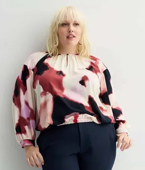 Nine West Blouse Watercolor Print Women XXL Abstract Keyhole Neck Long Sleeve thumbnail 1