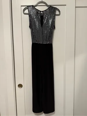 Black Sequin Bodice Evening Capri Jumpsuit with Waist Tie thumbnail 8