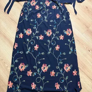 Seven Islands Floral Embroidered Navy Maxi Dress Off Shoulder Boho Blue Large‎ thumbnail 1