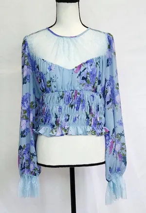 Lace Sheer Smocked Cropped Top thumbnail 3