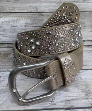 Studded Rhinestone Leather Belt 110CM 36.5" Tan Silver tone Western Glam Bling thumbnail 1